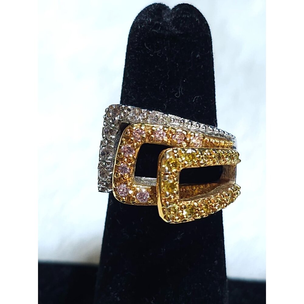 Three-Tone Rhinestone Geometric Size 5 Ring With Gold & Silver Plating